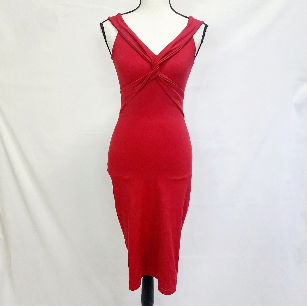 2000s Y2K Classic Red V-Neck Bodycon Stretch Midi Sleeveless Dress